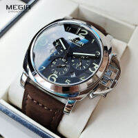 Megir Mens Chronograph Luminous Quartz Watches with Calendar Date Round og Military Leather Strap Wristwatch Man ML3406G