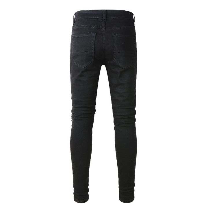 สำหรับบุรุษแบบใหม่-a569-tampal-ctertekan-ฉีกแผ่นปิดซี่โครงกลวงบางผ้ายืด-dibasuh-jeans-saiz-seluar-hitam-28-40