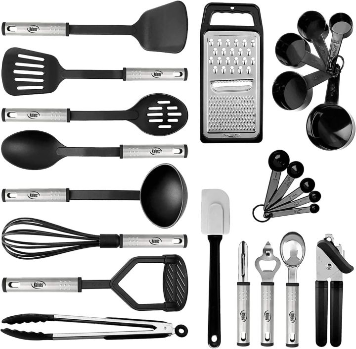 EatEx Kitchen Utensil Set 24 Nylon Stainless Steel Utensil Set, Non-Stick  and Heat Resistant Cooking Utensils Set, Kitchen Tools - Black 