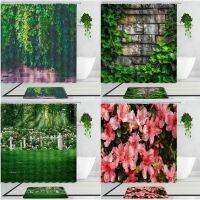 3D Flowers Garden Plants Shower Curtains Ivy Green Leaf False Wall Art Background Fabric Home Decoration Curtain Bath Mat Carpet