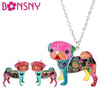 Bonsny Enamel Alloy French Bulldog Pug Dog Clip Earrings Necklace Collar Fashion Animal Jewelry Sets For Women Girls Gift Bijoux