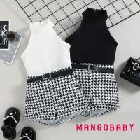 MANGO-Toddler Girls Summer Outfits, Sleeveless Ribbed Solid Color Stand-Up Collar Tops + Houndstooth Short Pants + Waist Belt