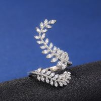 Graceful Leaves Both End of Open Ring Silver Color Girl Cocktail Party Rings Shine Crystal Zircon Fashion Women Jewelry