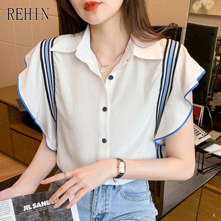 rehin-เสื้อเชิ้ตแขนสั้นเย็บขอบจีบผู้หญิง-เสื้อชีฟองหรูหรา