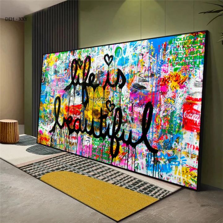 life-is-beautiful-graffiti-art-canvas-wall-art-โปสเตอร์และภาพพิมพ์สร้างแรงบันดาลใจ-street-pop-art-ภาพจิตรกรรมฝาผนังภาพตกแต่งบ้าน