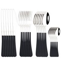 Zoseil 24Pcs Black Silver Cutlery Stainless Steel Dinnerware Mirror Knife Fork Tea Spoon Tableware Kitchen Dinner Silverware