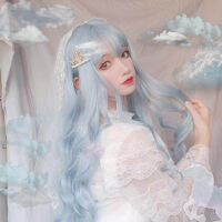 Light Blue Lolita Wig Harajuku Synthetic Hair Cosplay Fringe Bangs Adult Girls Curly Kawaii Heat Resistant Free Wig Cap