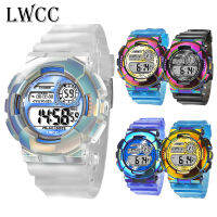 LWCC รุ่นใหม่สีไล่ระดับสีโปร่งใสนาฬิกาอิเล็กทรอนิกส์สำหรับนักเรียนชายและหญิงนาฬิกามัลติฟังก์ชั่นกีฬาแฟชั่น ~