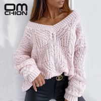 OMCHION Pull Femme 2021 Spring V Neck Mohair Sweater Women Casual Loose Hollow Out Pink Pullover Lazy Oversized Jumper LMR01