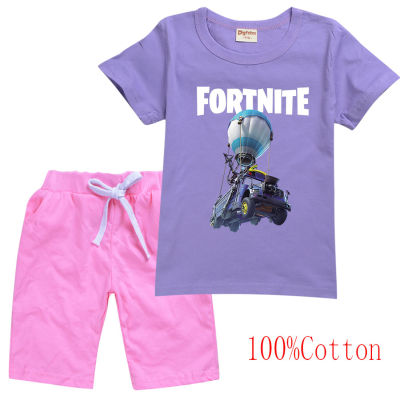 Fortnites เสื้อยืดชุดสาวเด็กแขนสั้นเสื้อทีกางเกงขาสั้นที่เดินทางมาพักผ่อนการ์ตูนกางเกงขาสั้นแฟชั่นใหม่เกาหลีบุคลิกภาพเสื้อยืด8658