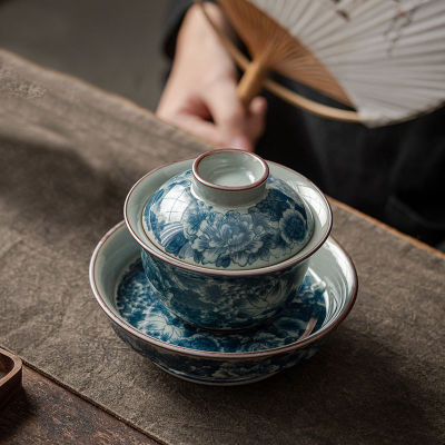 โบราณเต็มดอกไม้เซรามิกเปิด Gaiwan สำหรับชาสีฟ้า Tureen T Eaware ชุดชามชาจีน Chawan Lily เติ้งของร้านค้าถ้วยชา
