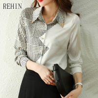 REHIN ผู้หญิงแฟชั่น Collision ตัวอักษรเย็บเสื้อแขนยาว Elegant Lapel ใส่ทำงานเสื้อชีฟอง