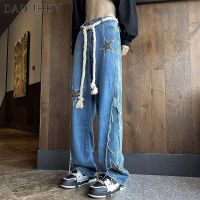 DaDuHey Mens American-Style Retro Fashionable Frayed Hem Jeans 2023 Summer High Waist Straight All-Matching Casual PantsTH