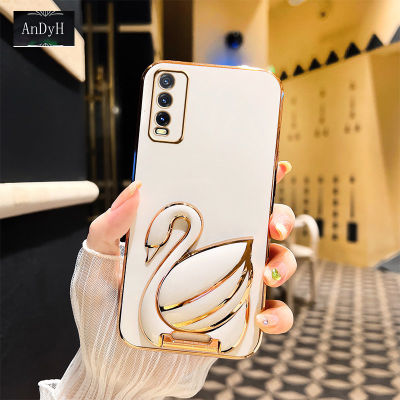 AnDyH Phone case For Vivo Y12S Case New 3D Swan Retractable Stand Phone Case Plating Soft Silicone Shockproof Casing Protective Back Cover