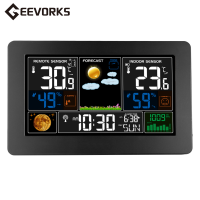 Geevorks 3-In-1นาฬิกาพยาการณ์อากาศติดผนังนาฬิกาดิจิตอลเทอร์โมมิเตอร์วัดความดันโลหิตสูงในร่มกลางแจ้งหน้าจอสีนาฬิกาเครื่องส่งสัญญาณ RF อิเล็กทรอนิกส์นาฬิกาพยากรณ์อากาศปฏิทินดวงจันทร์นาฬิกาปลุกคู่ Snooze