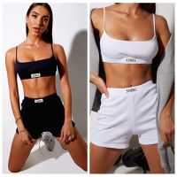 Happybuyner ผู้หญิง Tracksuit Gothic Angel Letter เย็บปักถักร้อย Streetwear Gyms 2ชิ้นชุด Mini Crop Top Camisole Sporty Biker กางเกงขาสั้น