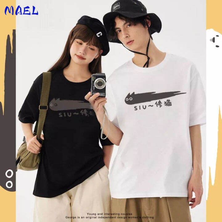 ส่งของ-mael-แขนสั้นผู้ชายญี่ปุ่นแมวคู่น่ารักการ์ตูนพิมพ์ใหม่สบายๆทุกการแข่งขันรอบคอแฟชั่นสบายๆ