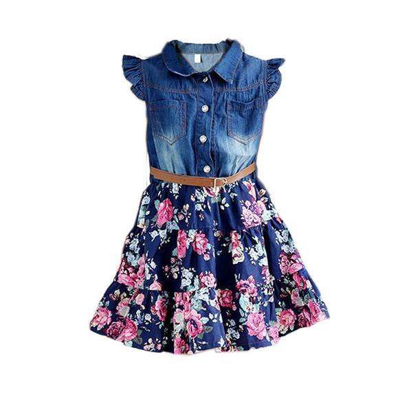 bohemian-style-girls-summer-clothing-dress-denim-bodice-floral-frock-children-chic-belted-robe-a-line-french-fille-robe-casuals