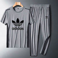 ADIDASeˉ  ชุดกีฬาผ้าไหมน้ำแข็งของผู้ชาย,ชุดเสื้อแขนสั้น + กางเกงสองชิ้นระบายอากาศได้ดีสวมใส่สบายสำหรับการฝึกและประจำวันปี M-5XL