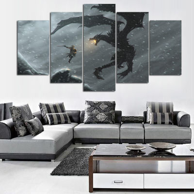5 Piece Canvas Painting Alduin the World-Eater Dovahkiin Skyrim picture painting home decor print frame wall art WE-1554