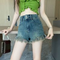 กางเกงขาสั้น Raw edge denim shorts womens summer fashionable high waist wide leg short hot pants