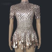 Sexy Nightclub Leotard Shining Lovely Sequins Mini Dress Costume Celebrate Rhinestone Bodysuit Birthday Silver Dresses