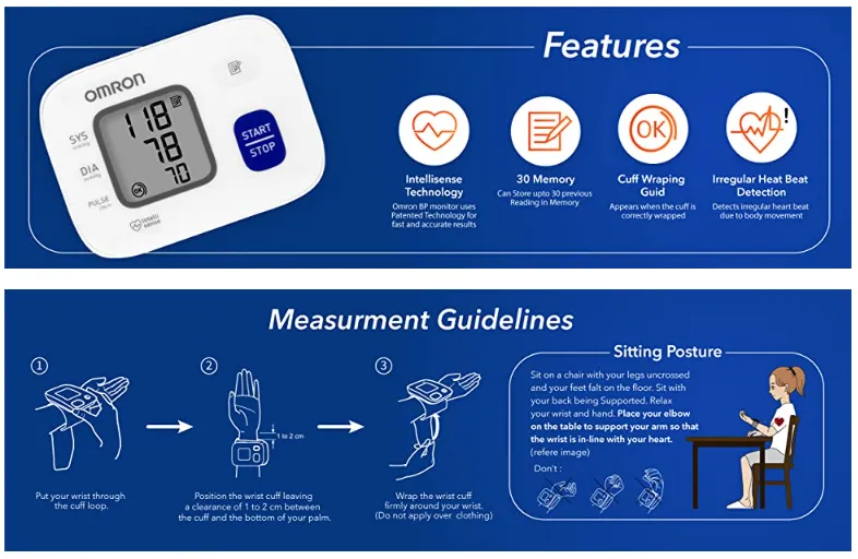 Omron 6161 Wrist Blood Pressure Monitor with 30 Memory, Intellisense