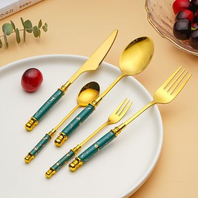 Gold Dinnerware Set Stainless Steel Tableware Cutlery Fork Knife Spoon Flatware Set Ceramic Handle Travel Kitchen Silverware 50 Flatware Sets