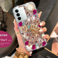 เคสโทรศัพท์ Vivo V27 5G V27E V25 Pro 25e V23 5G V23e V23โปร V21 5G 5G 4G V20โปรพลอยเทียมเคสระยิบระยับแวววาว3มิติรูปมงกุฎราชินีผีเสื้อไข่มุกหรูหราเคสโทรศัพท์ด้วยสายรัดข้อมือคริสตัล