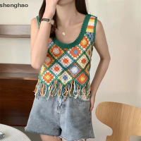 shenghao เสื้อชั้นในสตรีถักแขนกุดวินเทจปักลายฤดูร้อนแต่งพู่