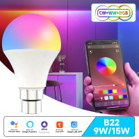 Tuya WiFi E27 B22 Smart Dimmable Bulb RGBCW 100-240V 15W LED Light Smart Life App Control Support Alexa Home Alice