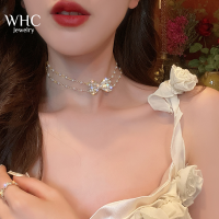 WHC Jewelry ประกายเพทายโบว์จี้สร้อยคอมุกสำหรับผู้หญิงแฟชั่นกระดูกไหปลาร้าโซ่