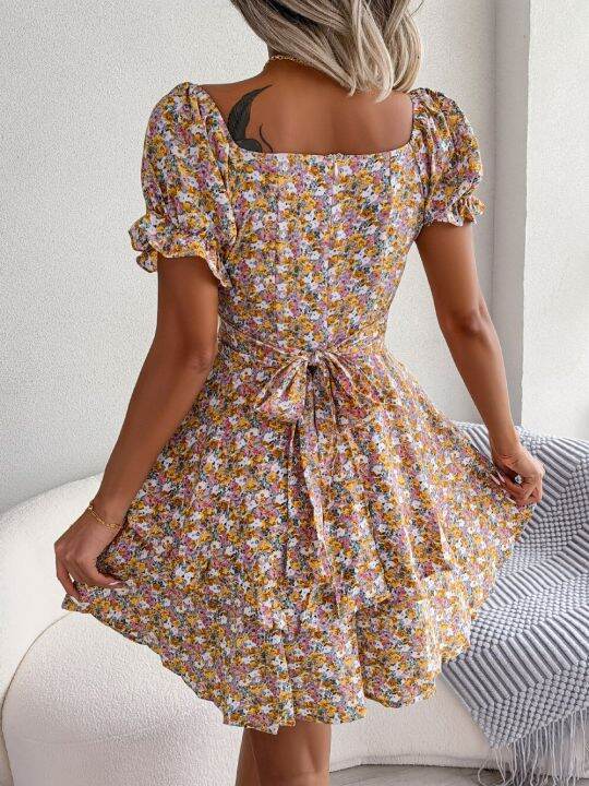 women-casual-floral-print-short-sleeve-slim-waist-ruffles-a-line-dress-summer-clothing