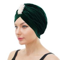 【YF】 Muslim Beaded Jewelry Velvet Turban Ruffle Knotted Headwrap Chemo Cap Liner Headscarf Bandanas Women Hair Accessories Turbante