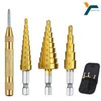 4Pcs Step Drill Bit Set Centre Punch Positioner 3-12 4-12 4-20mm Hex Straight Groove Milling Cutter Wood Metal Core Hole Opener Drills Drivers