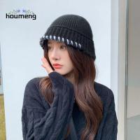 HOUMENG วินเทจ ฮิปฮอป เส้นรอบวงหัวใหญ่ ฤดูหนาวในฤดูหนาว สีทึบทึบ ฝากระโปรง ตัวผู้ผู้ หมวกให้ความอบอุ่น หมวกถักนิตติ้ง หมวกชาวประมงหมวก หมวกบีนนี่