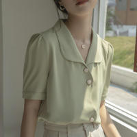 French Gentle Elegant Chiffon Blouse High-Grade Womens Summer Short-Sleeved Shirt Niche Commuting Fashion Lapel Shirt