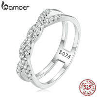 Bamoer 925เงินสเตอร์ลิง Interweave Twisted Double-Layer Finger Ring Pave การตั้งค่า CZ สำหรับผู้หญิงเครื่องประดับ Fine เงา BSR327