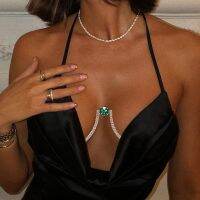 Sexy OL Emerald Drop Pendant Chest Chain Jewellery Shiny Ladies Bikini Decoration Apparel Swimsuit U Shape Bra Top Gift 2022