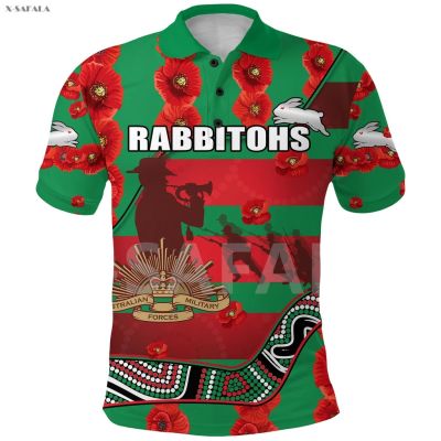 Rabbitohs Anzac Day Indigenous Rugby 3D Full Printed Men Women Thin Polo Shirt Collar Short Sleeve Street Wear Casual Tee