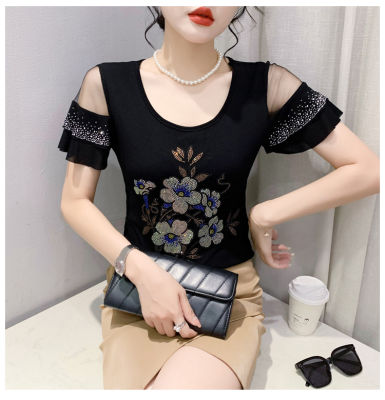 YIMEI Beautiful Guangzhou Womens T-shirt 2023 Summer New Fashion Design Heavy Industry Diamond Embedding T-shirt Lotus Leaf Short Sleeve Mesh Top Women