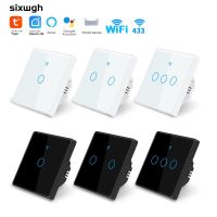 SIXWGH Tuya WiFi Wall Touch Switch EU Standard Tempered Crystal Glass Panel Smart Life Timing 2 Way Support Alexa Light Switch