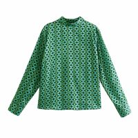 Fashion Green Print Long Sleeve All-Macth Blouse Spring Autumn Chic Casual Top Hollow Out Bodycon Women Shirt