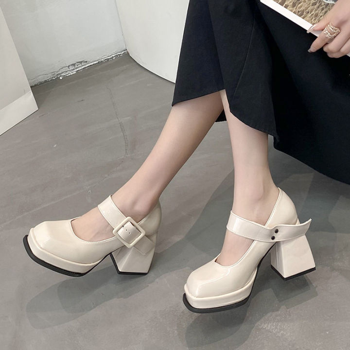 รองเท้าผู้หญิง-mary-jane-รุ่นใหม่ของเกาหลีส้นสูงส้นหนาปั๊มหัวตารางรองเท้าเดี่ยวของผู้หญิงในสต็อก