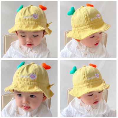 หมวกบักเก็ตของเด็กลายหูหัวใจ ปักลายภาษาอังกฤษ เด็ก3เดือน-2ขวบ ใส่ได้