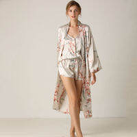 Print Flower Nighty&amp;Robe Suit Sleepwear y Satin Kimono Gown Women Bathrobe Intimate Lingerie Nightwear Silky Nightgown