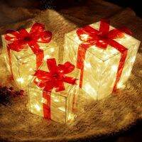 Set of 3 Christmas 60 LED Lighted Gift Boxes Transparent Warm White Lighted Christmas Box Decrations Presents Boxs with Red Bo