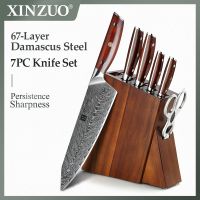 XINZUO-Ensemble de couteaux de cuisine en acier inoxydable damas ciseaux opaques chef bois dacacia de haute qualité porte-nuits 7 pièces