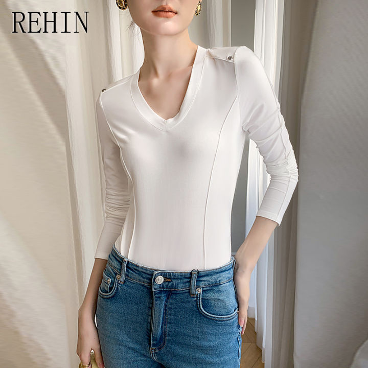 rehin-เสื้อยืดแขนยาวกุ๊นรูปตัวยูสำหรับผู้หญิง-เสื้อสตรีมีสไตล์ไม่ซ้ำใครดีไซน์สวยหรูเสื้อคอวีไหล่บุนวม