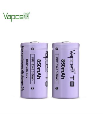 ถ่านชาร์จ Vapcell INR16340 T8 สีม่วงอ่อน (123A) 3.7V 850 mAh 2 ก้อน ของแท้ โค้ดเช็คได้